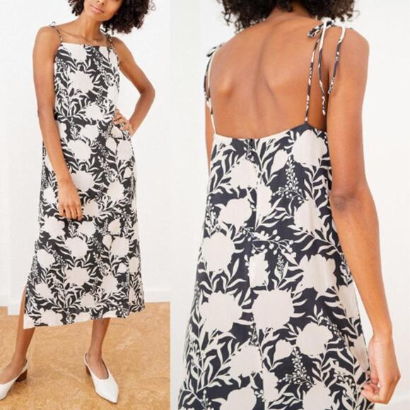 Tribe Alive | NWT Jane Silk Black & Cream Floral Printed Tie Strap Midi Dress - Picture 1 of 9